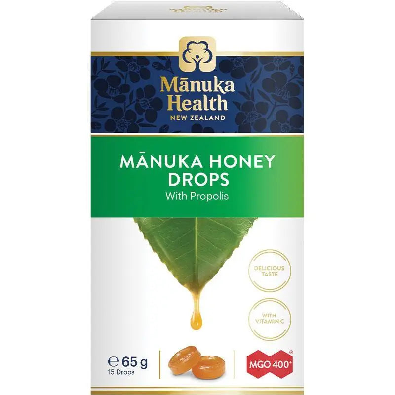 Manuka Health MGO 400+ Manuka Honey Drops Propolis 65g premium New Zealand lozenges with Manuka honey, propolis, and vitamin C for throat soothing and immune support.