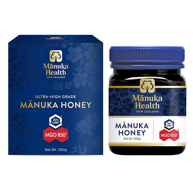 Manuka Health MGO 850+ Manuka Honey 250g ultra premium New Zealand honey with very high MGO strength, rich dark flavour, and rare natural wellness support.