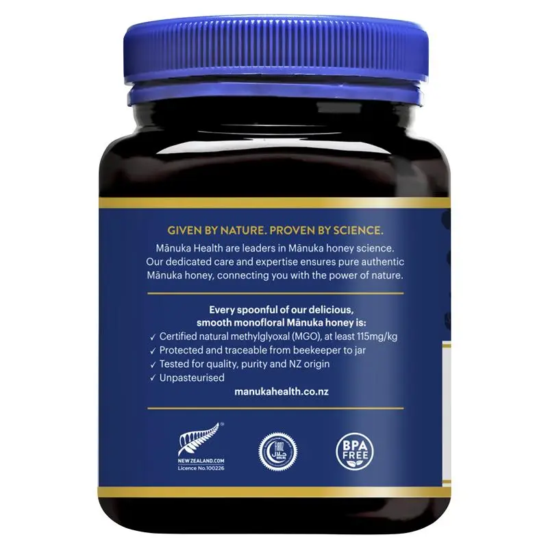 Manuka Health MGO 115+ Manuka Honey 1kg premium New Zealand honey with mild MGO content, suitable for daily natural nutrition and sweetener use.