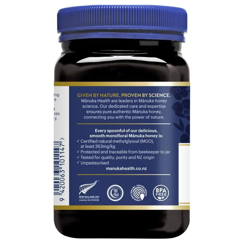 Manuka Health MGO 263+ Manuka Honey 500g premium New Zealand honey with medium strength MGO level, suitable for daily wellness and natural sweetening.