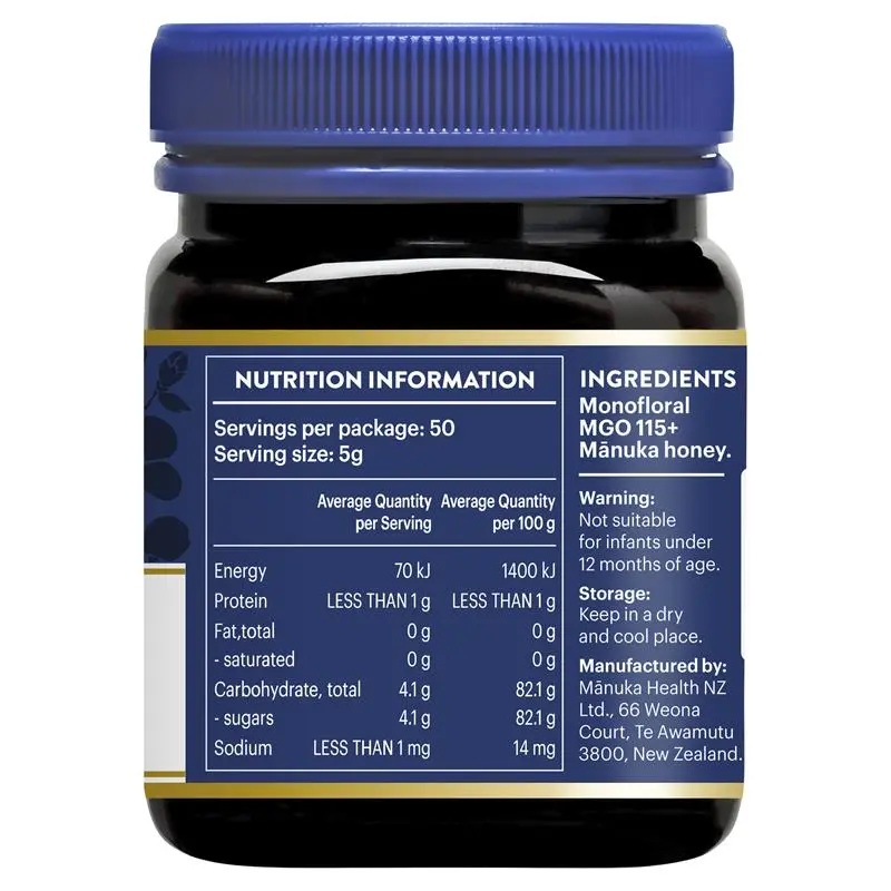 Manuka Health MGO 115+ Manuka Honey 250g premium New Zealand honey with mild MGO level, suitable for daily use and natural sweetening.