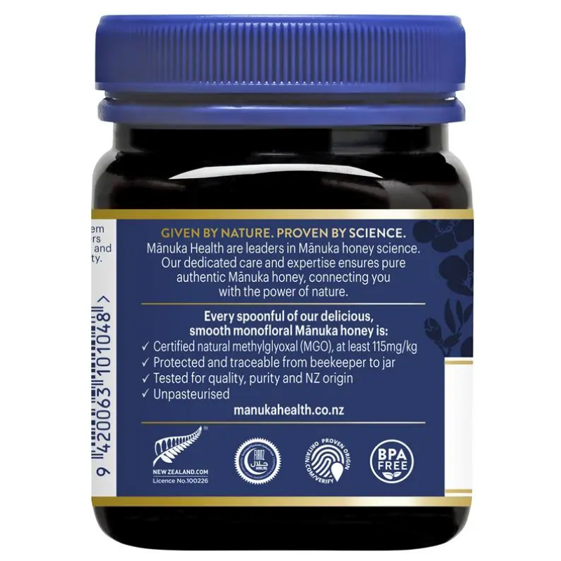 Manuka Health MGO 115+ Manuka Honey 250g premium New Zealand honey with mild MGO level, suitable for daily use and natural sweetening.
