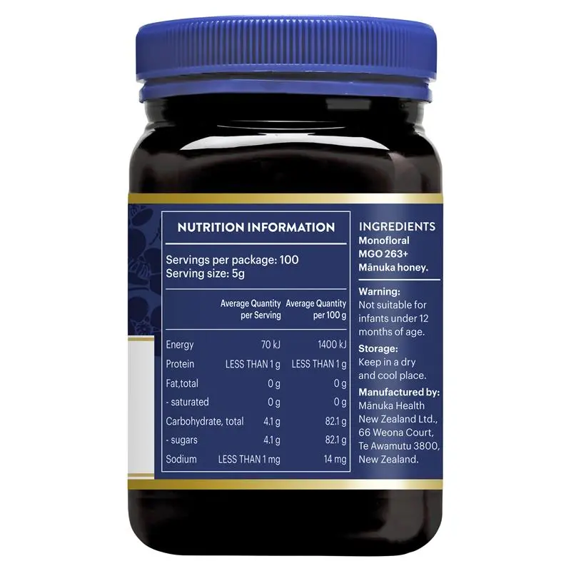 Manuka Health MGO 263+ Manuka Honey 500g premium New Zealand honey with medium strength MGO level, suitable for daily wellness and natural sweetening.