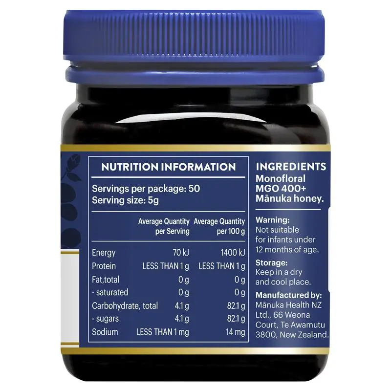Manuka Health MGO 400+ Manuka Honey 250g premium New Zealand honey with high MGO strength, ideal for daily wellness and natural nutrition.