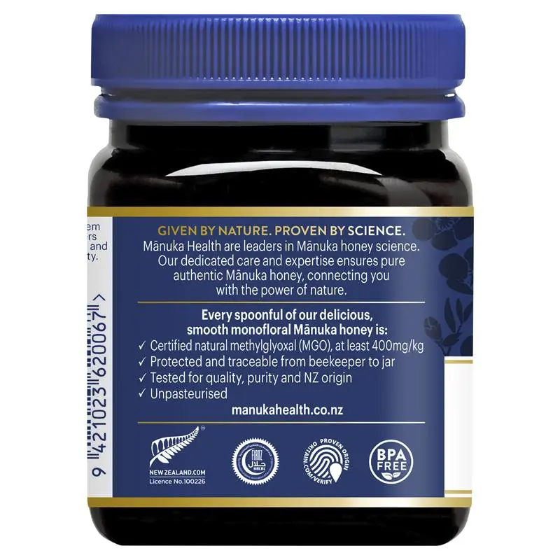 Manuka Health MGO 400+ Manuka Honey 250g premium New Zealand honey with high MGO strength, ideal for daily wellness and natural nutrition.
