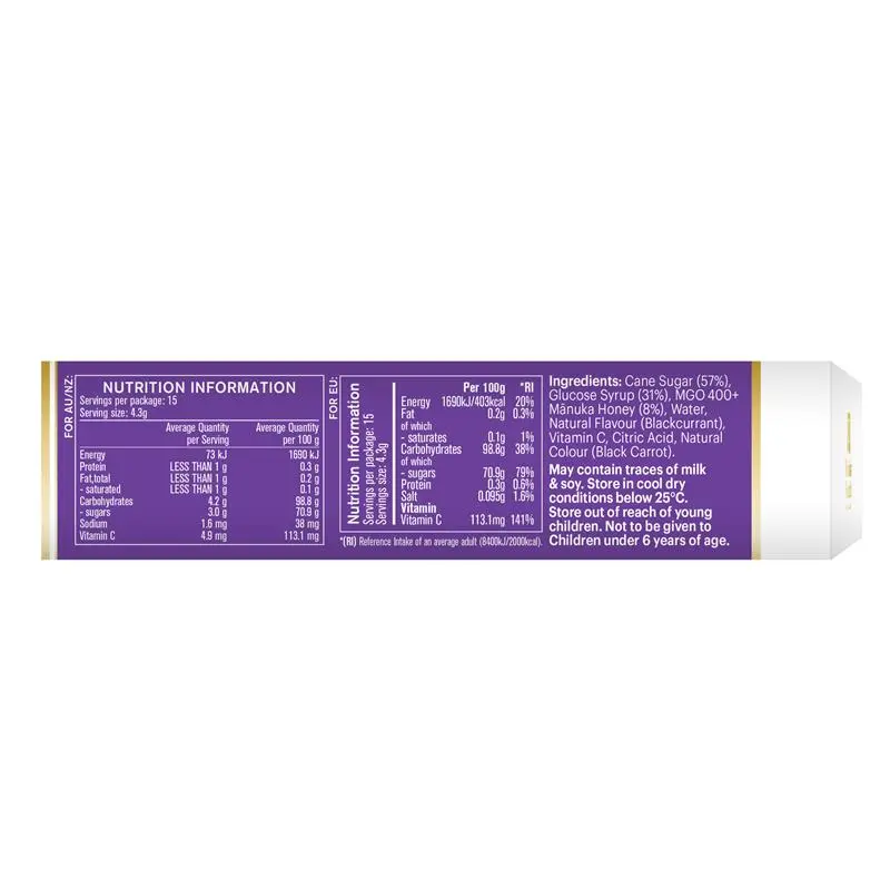 Manuka Health MGO 400+ Manuka Honey Drops Blackcurrant 65g soothing lozenges with Manuka honey and vitamin C for throat comfort and fresh fruity taste.