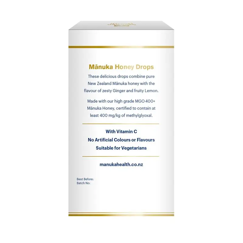 Manuka Health MGO 400+ Manuka Honey Drops Ginger & Lemon 65g soothing lozenges with premium New Zealand Manuka honey, ginger, lemon, and vitamin C for throat comfort.