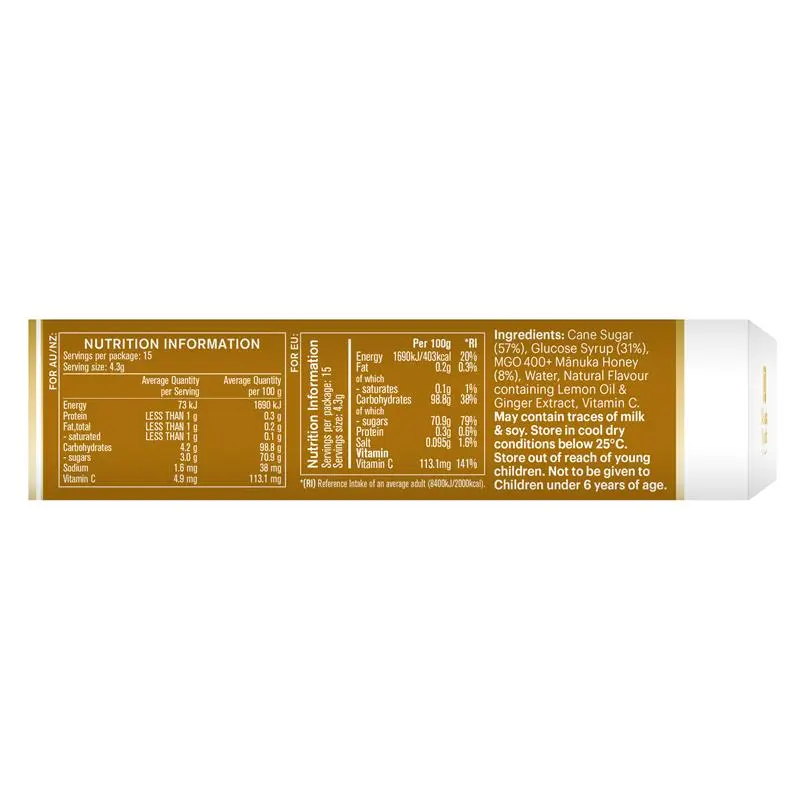 Manuka Health MGO 400+ Manuka Honey Drops Ginger & Lemon 65g soothing lozenges with premium New Zealand Manuka honey, ginger, lemon, and vitamin C for throat comfort.