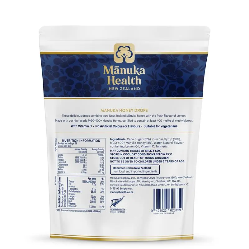 Manuka Health MGO 400+ Manuka Honey Drops Lemon 250g premium New Zealand lozenges with Manuka honey, lemon flavour, and vitamin C for throat comfort and freshness.