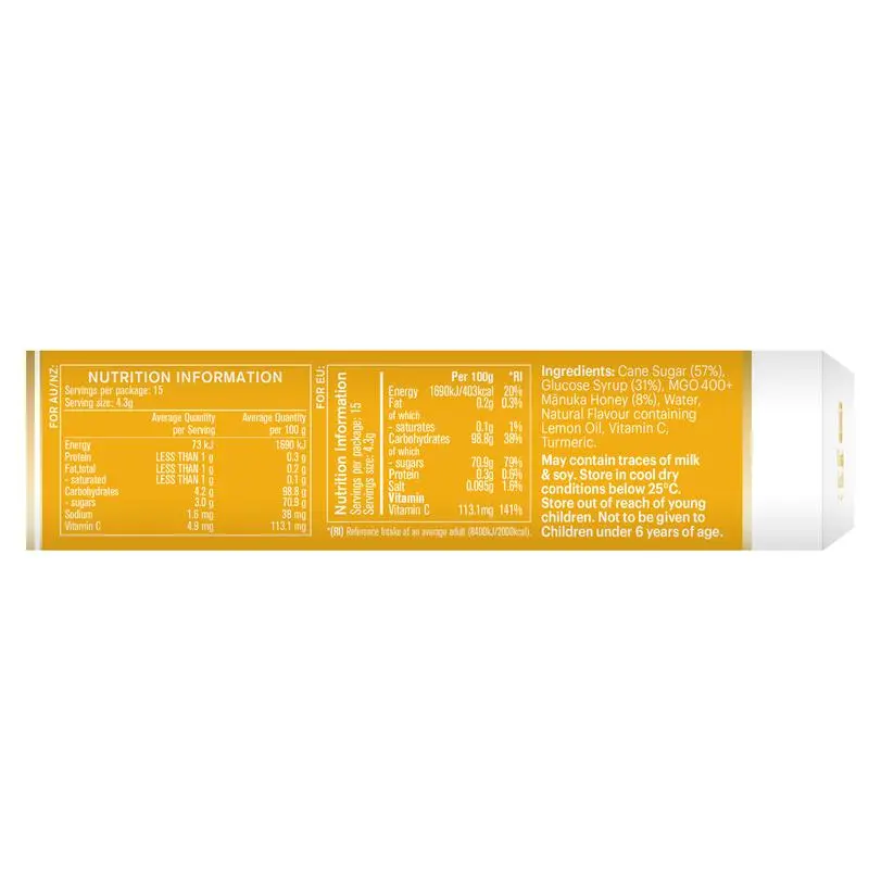 Manuka Health MGO 400+ Manuka Honey Drops Lemon 65g premium New Zealand lozenges with Manuka honey, lemon flavour, and vitamin C for throat soothing and freshness.