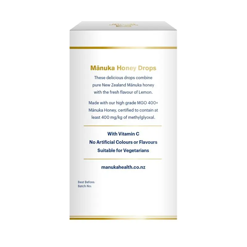 Manuka Health MGO 400+ Manuka Honey Drops Lemon 65g premium New Zealand lozenges with Manuka honey, lemon flavour, and vitamin C for throat soothing and freshness.