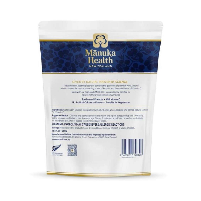 Manuka Health MGO 400+ Manuka Honey Drops Propolis 250g premium New Zealand lozenges with Manuka honey, propolis, and vitamin C for throat soothing and immunity support.