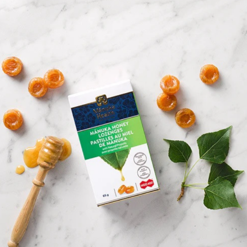 Manuka Health MGO 400+ Manuka Honey Drops Propolis 65g premium New Zealand lozenges with Manuka honey, propolis, and vitamin C for throat soothing and immune support.