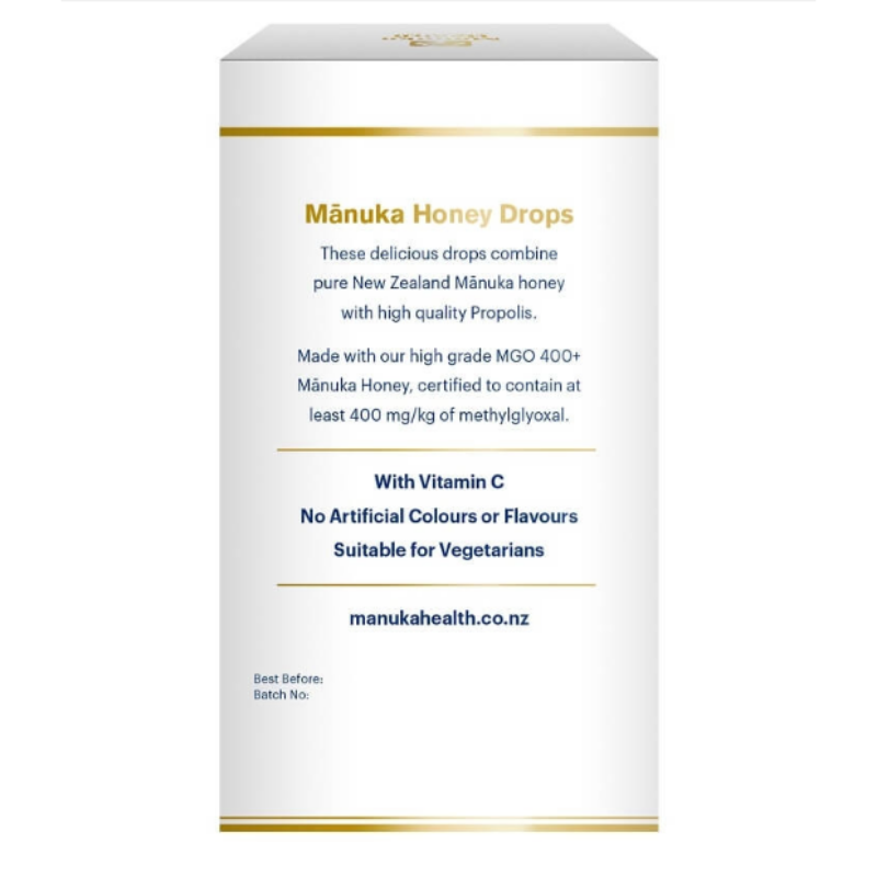 Manuka Health MGO 400+ Manuka Honey Drops Propolis 65g premium New Zealand lozenges with Manuka honey, propolis, and vitamin C for throat soothing and immune support.