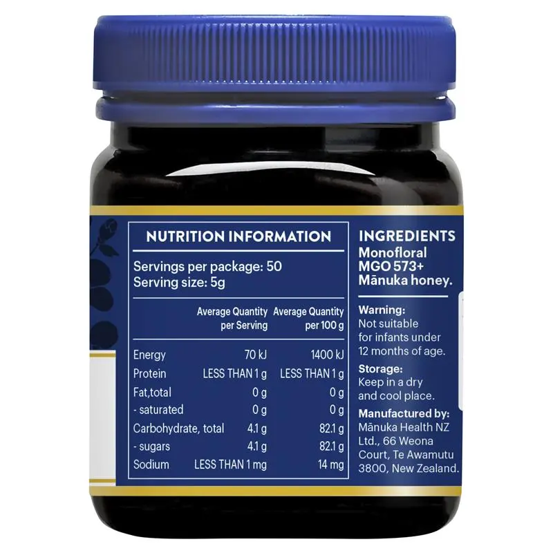 Manuka Health MGO 573+ Manuka Honey 250g ultra premium New Zealand honey with very high MGO strength, rich flavour, and natural wellness support.