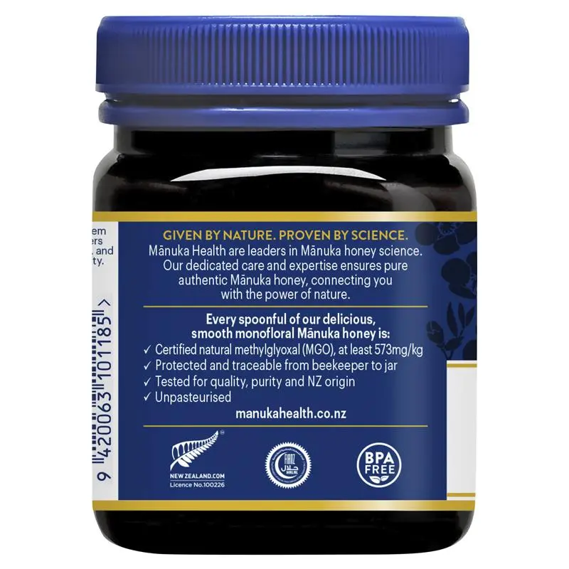 Manuka Health MGO 573+ Manuka Honey 250g ultra premium New Zealand honey with very high MGO strength, rich flavour, and natural wellness support.