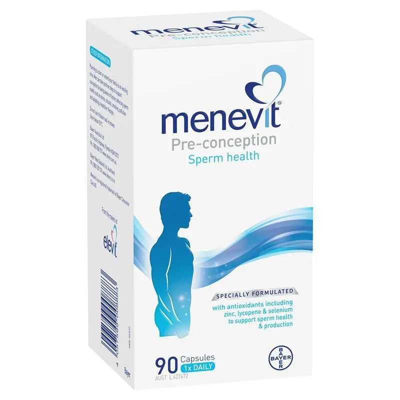 Menevit 90 capsules male fertility supplement with antioxidants, zinc, selenium, folic acid, lycopene and vitamin C for sperm health and reproductive support.