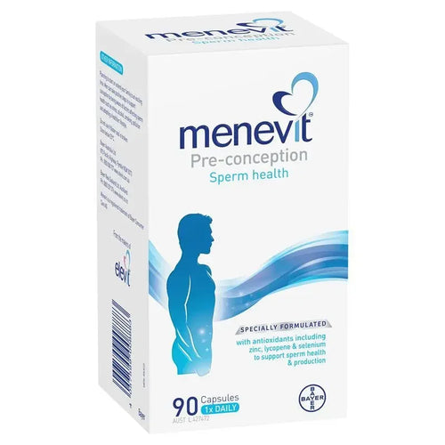 Menevit 90 capsules male fertility supplement with antioxidants, zinc, selenium, folic acid, lycopene and vitamin C for sperm health and reproductive support.