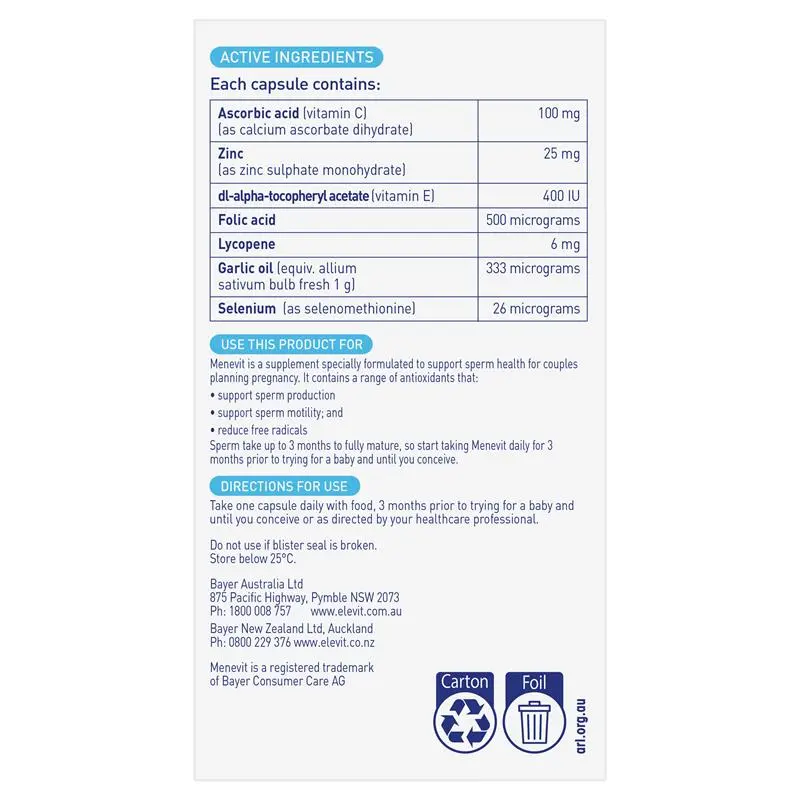 Menevit 30 capsules male fertility supplement with antioxidants, zinc, selenium, folic acid, lycopene and vitamin C for sperm health support.