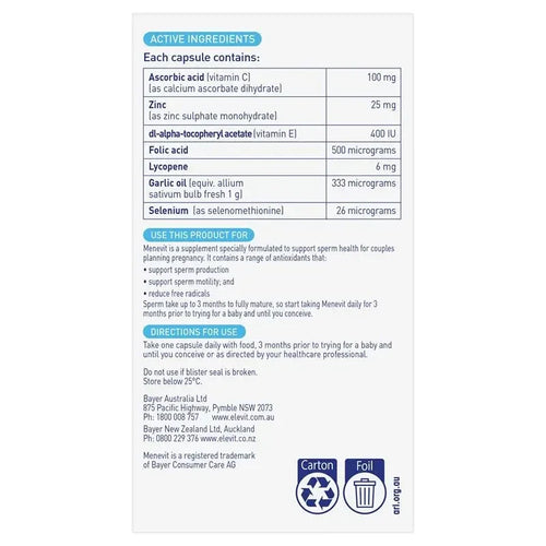 Menevit 30 capsules male fertility supplement with antioxidants, zinc, selenium, folic acid, lycopene and vitamin C for sperm health support.