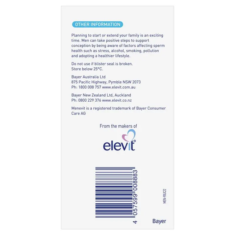 Menevit 90 capsules male fertility supplement with antioxidants, zinc, selenium, folic acid, lycopene and vitamin C for sperm health and reproductive support.