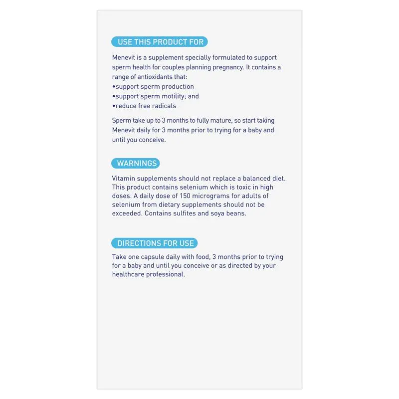 Menevit 90 capsules male fertility supplement with antioxidants, zinc, selenium, folic acid, lycopene and vitamin C for sperm health and reproductive support.