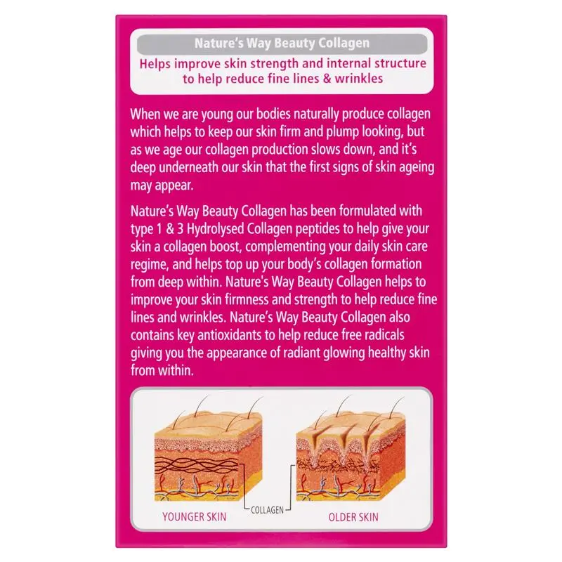 Nature’s Way Beauty Collagen 60 tablets supplement with collagen, vitamin C, biotin and antioxidants for skin elasticity, hair growth and nail strength support.