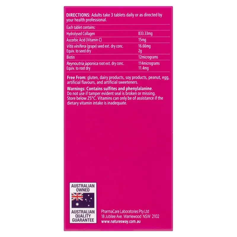 Nature’s Way Beauty Collagen 60 tablets supplement with collagen, vitamin C, biotin and antioxidants for skin elasticity, hair growth and nail strength support.