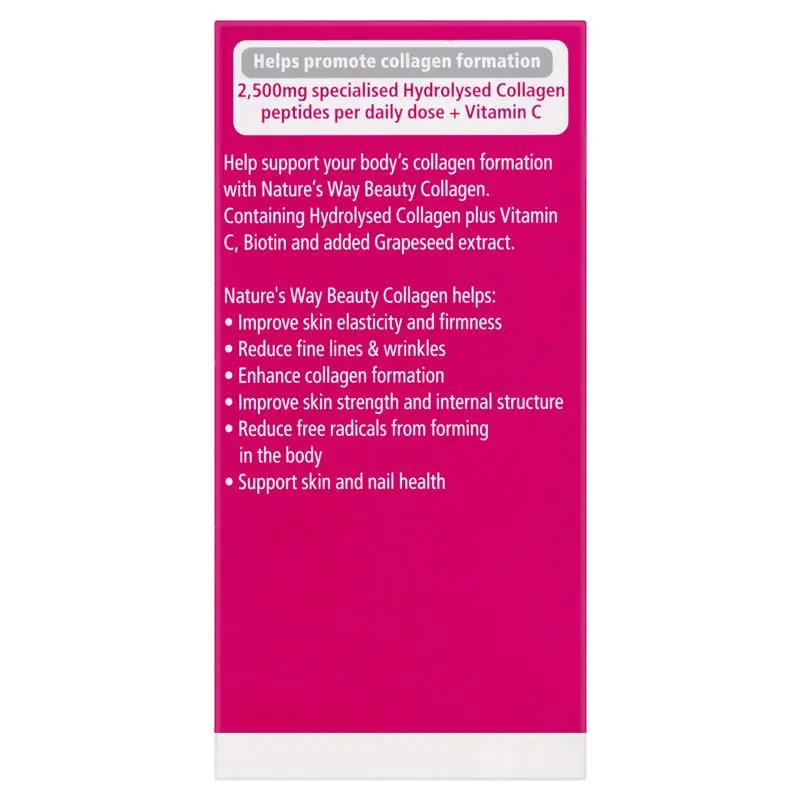 Nature’s Way Beauty Collagen 60 tablets supplement with collagen, vitamin C, biotin and antioxidants for skin elasticity, hair growth and nail strength support.