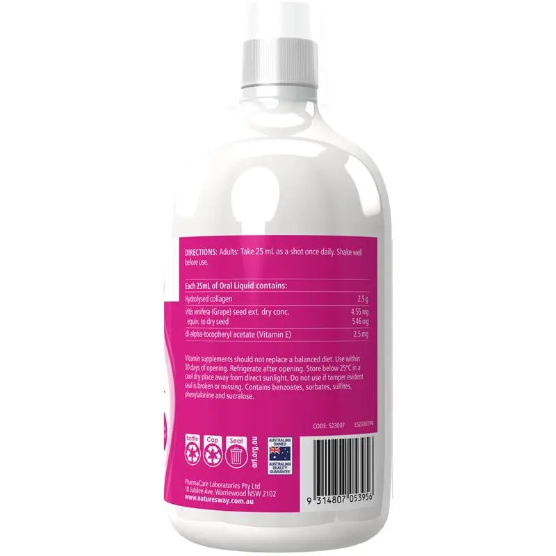 Nature’s Way Beauty Collagen Liquid 500ml drinkable collagen supplement with vitamin C, biotin and antioxidants for skin elasticity, hair growth and nail strength support.