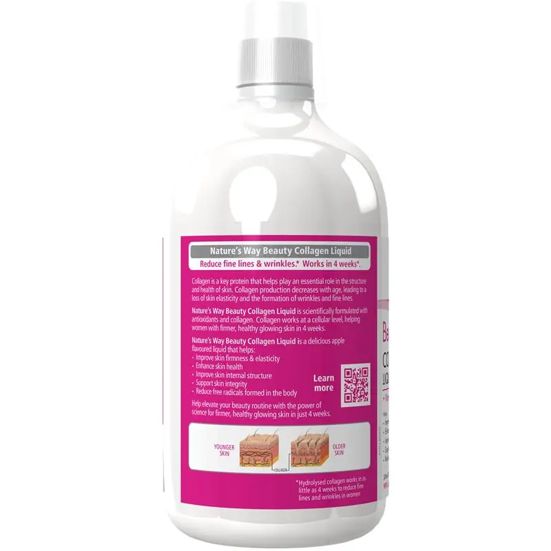 Nature’s Way Beauty Collagen Liquid 500ml drinkable collagen supplement with vitamin C, biotin and antioxidants for skin elasticity, hair growth and nail strength support.