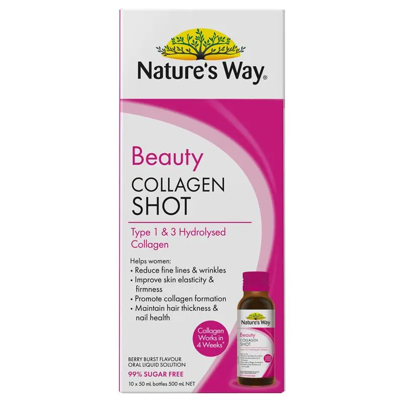 Nature’s Way Beauty Collagen Shots 10 x 50ml liquid collagen drink with hydrolysed collagen, vitamin C, biotin and antioxidants for skin elasticity, hair and nail support.