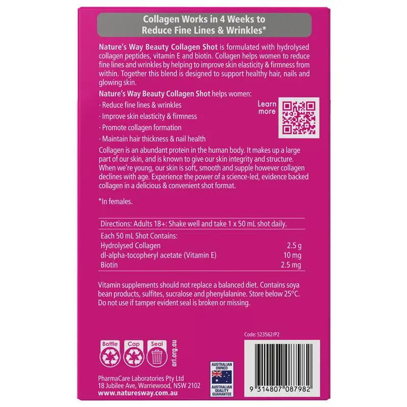 Nature’s Way Beauty Collagen Shots 10 x 50ml liquid collagen drink with hydrolysed collagen, vitamin C, biotin and antioxidants for skin elasticity, hair and nail support.