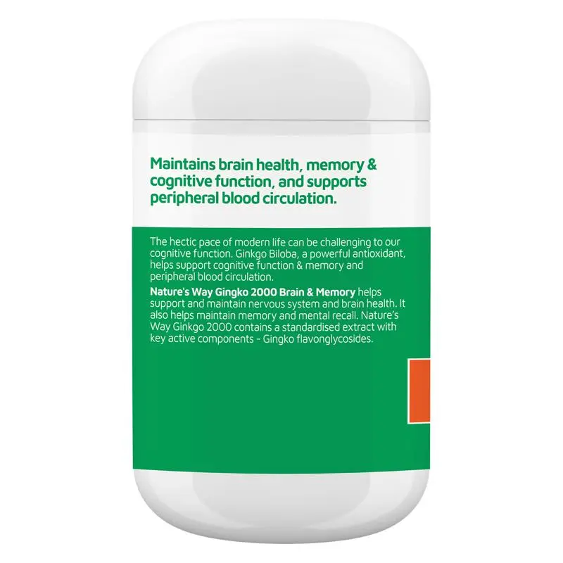 Nature's Way Ginkgo Biloba 2000mg 120 tablets high strength ginkgo supplement supporting brain health, memory, cognitive function and healthy circulation.