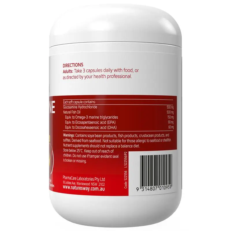 Nature's Way Glucosamine + Fish Oil 200 Capsules with glucosamine, omega-3 fish oil, EPA and DHA to support joint health, mobility and flexibility.