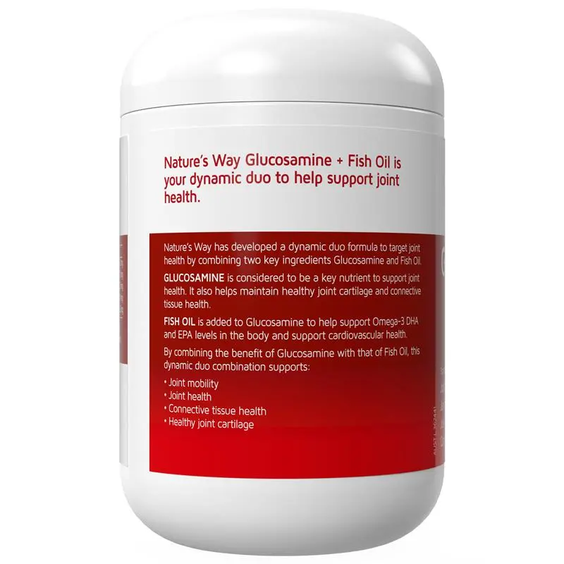 Nature's Way Glucosamine + Fish Oil 200 Capsules with glucosamine, omega-3 fish oil, EPA and DHA to support joint health, mobility and flexibility.