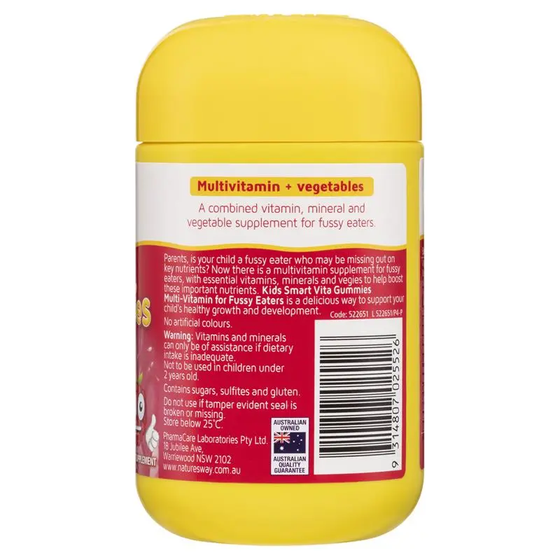 Nature's Way Kids Smart Multi-Vitamin Fussy Eaters 60 Gummies chewable children's multivitamin supplement with essential vitamins to support growth, development and immune health for picky eaters.