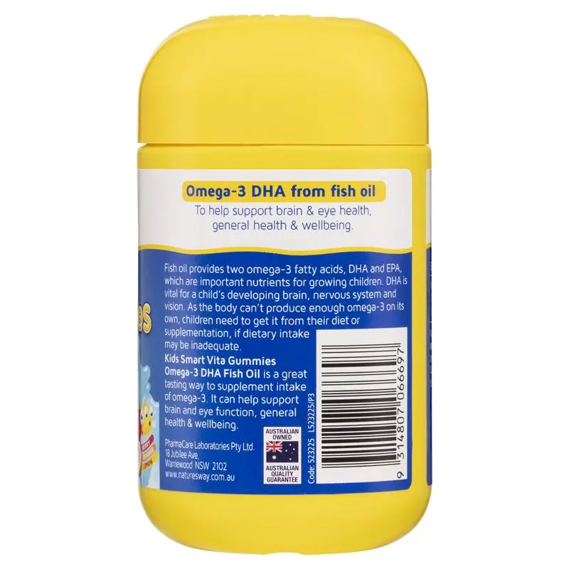 Nature's Way Kids Smart Omega-3 Fish Oil Gummies 60 pastilles chewable fish oil gummies for children with DHA and EPA to support brain function, learning, concentration and eye health.