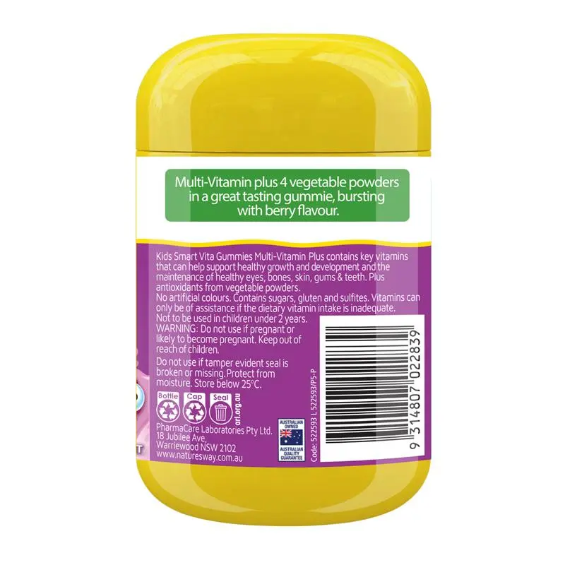 Nature's Way Kids Smart Vita Gummies Multi-Vitamin + Vegies 60 pastilles berry flavoured children's multivitamin gummies with vegetable powders for healthy growth and development.