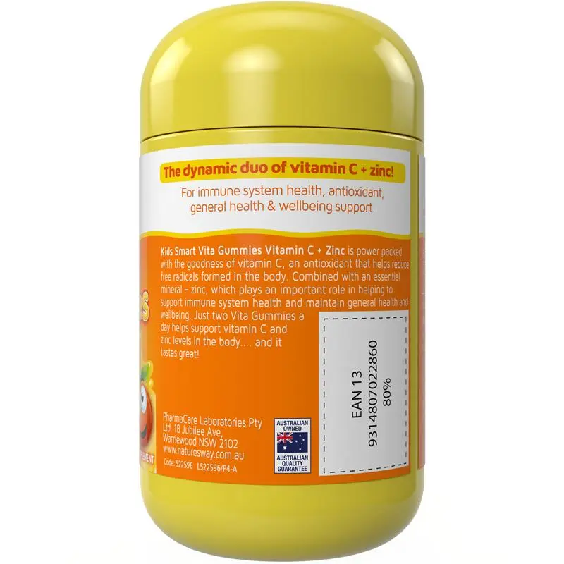 Nature's Way Kids Smart Vita Gummies Vitamin C + Zinc 60 pastilles chewable gummies with vitamin C and zinc to support children's immune system health and wellbeing.