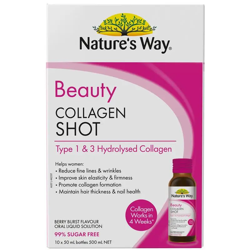 Nature’s Way Beauty Collagen Shots 10 x 50ml liquid collagen drink with hydrolysed collagen, vitamin C, biotin and antioxidants for skin elasticity, hair and nail support.