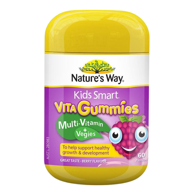 Nature's Way Kids Smart Vita Gummies Multi-Vitamin + Vegies 60 pastilles berry flavoured children's multivitamin gummies with vegetable powders for healthy growth and development.