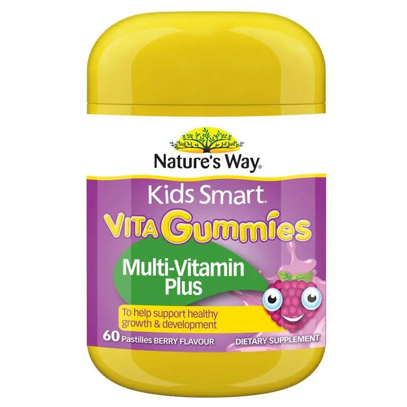 Nature's Way Kids Smart Vita Gummies Multi-Vitamin + Vegies 60 pastilles berry flavoured children's multivitamin gummies with vegetable powders for healthy growth and development.