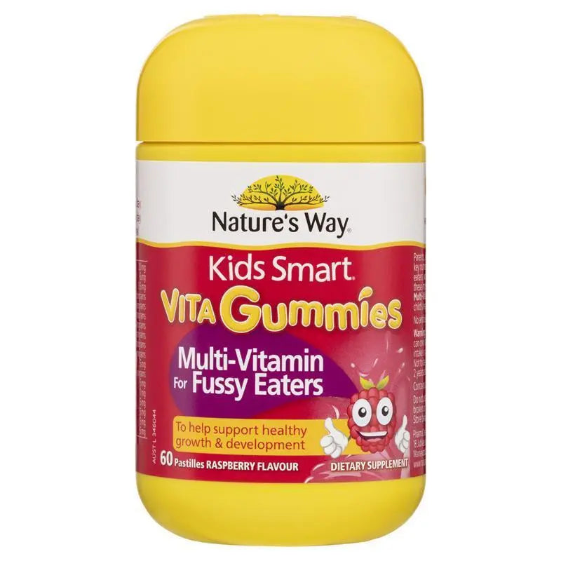 Nature's Way Kids Smart Multi-Vitamin Fussy Eaters 60 Gummies chewable children's multivitamin supplement with essential vitamins to support growth, development and immune health for picky eaters.