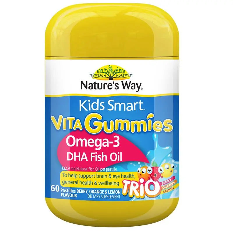 Nature's Way Kids Smart Omega-3 Fish Oil Gummies 60 pastilles chewable fish oil gummies for children with DHA and EPA to support brain function, learning, concentration and eye health.