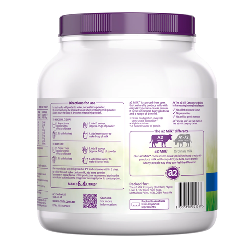 Back view of a white plastic protein powder tub with a purple ribbed lid, showing detailed usage directions, nutritional information, and a barcode on a white background.