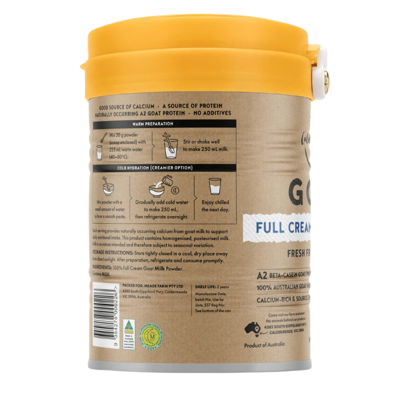 A2 Full Cream Goat Milk Powder in a 250 mL plastic tub with a yellow lid and kraft paper label, showing the back panel with preparation instructions and product details.
