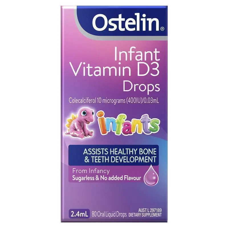 Ostelin Infant Vitamin D3 Drops 2.4ml liquid vitamin D supplement for infants and babies to support healthy bone development, teeth growth and calcium absorption.