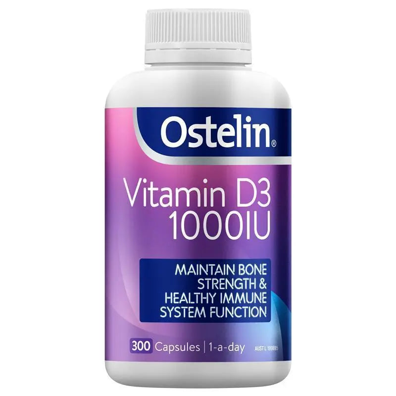 Ostelin Vitamin D3 1000IU 300 capsules vitamin D supplement to support bone strength, calcium absorption, muscle function and immune system health.
