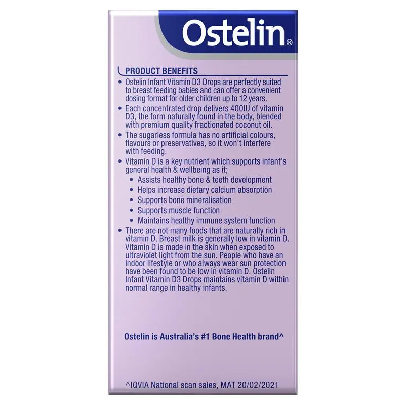 Ostelin Infant Vitamin D3 Drops 2.4ml liquid vitamin D supplement for infants and babies to support healthy bone development, teeth growth and calcium absorption.